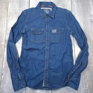 Superdry Denim Shirt Mens Large Blue Long Sleeve Button Front Cotton Casual